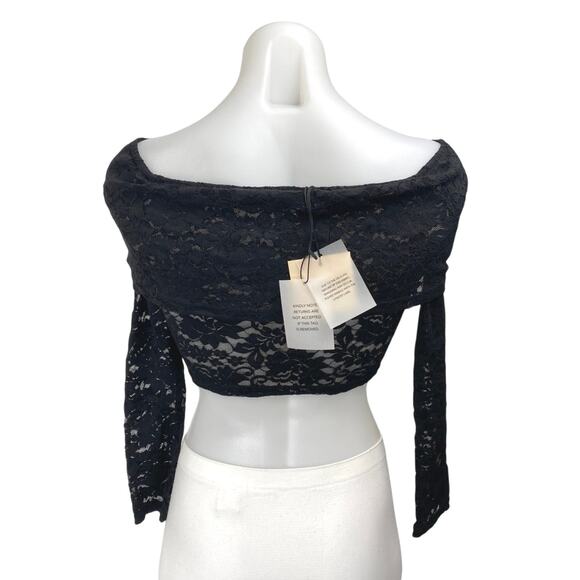 NEW Superdown Black Lace Floral Long Sleeve Off The Shoulder Crop Top Size XS - Picture 3 of 5